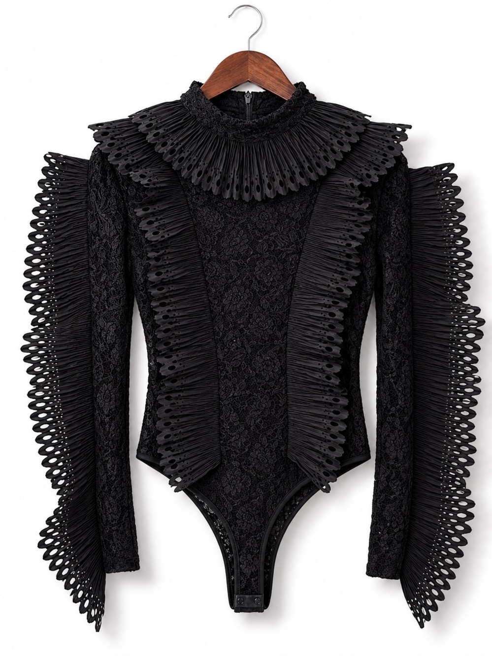 The Sang Black Lace Bodysuit Medium Statement Sleeve Laser Cut Ruffle Top